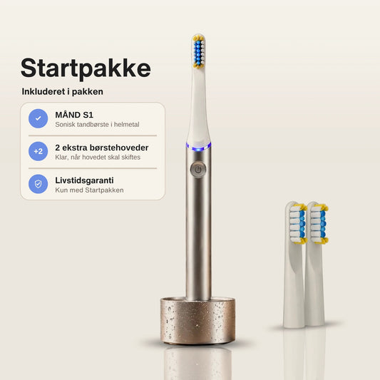 MÅND S1 Startpakke: sonisk tandbørste i helmetal med holder, 2 ekstra børstehoveder og livstidsgaranti